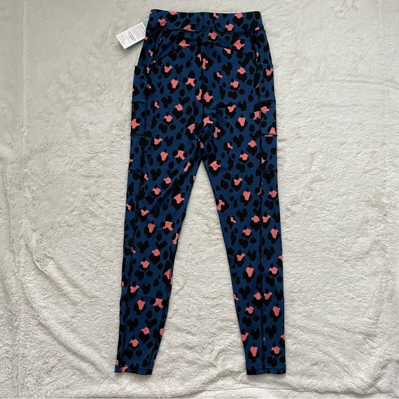 POP Fit Women’s Leggings Sz M Navy Leopard Print Pink Pockets Workout Gym Yoga - Picture 2 of 9